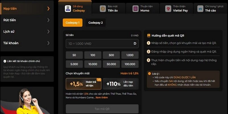 Nạp tiền CodePay qua ngân hàng vô cùng nhanh chóng